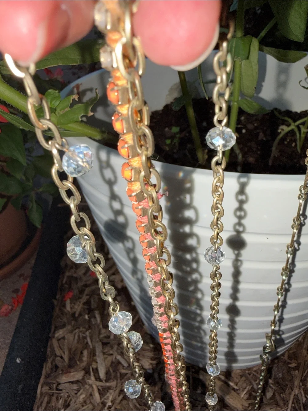 LOFT Gold and Pink Multi-Strand Chain Necklace with Crystal Accents